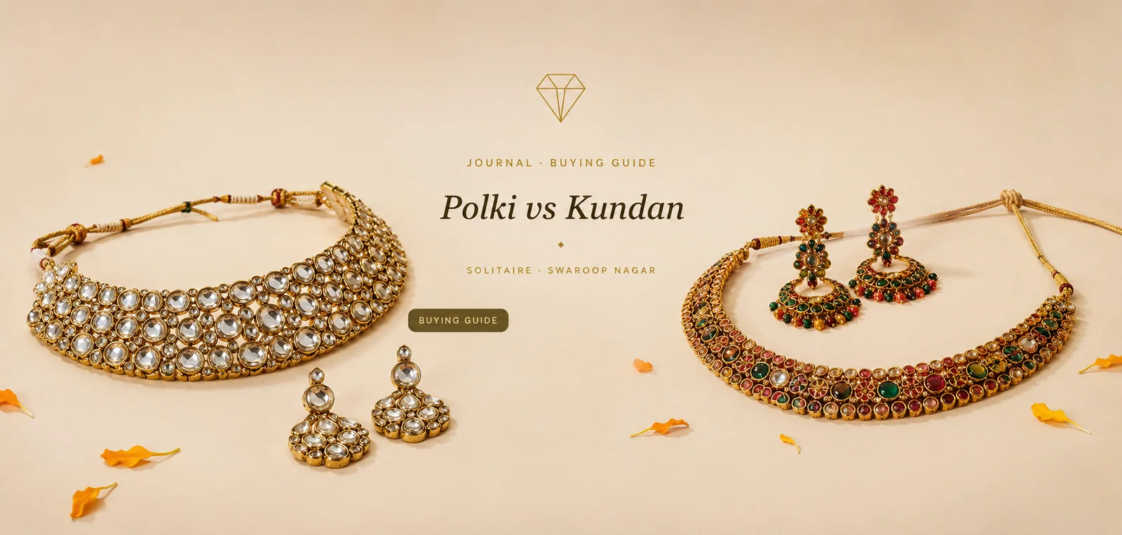 Polki and Kundan jewellery laid side-by-side on cream cloth